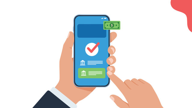 Human hand holds a blue smartphone showing a successful bank transfer confirmation with a green money icon and checkmark.
