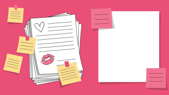 Pink workspace background displays a stack of romantic love letters with a kiss mark and several empty sticky note pads.