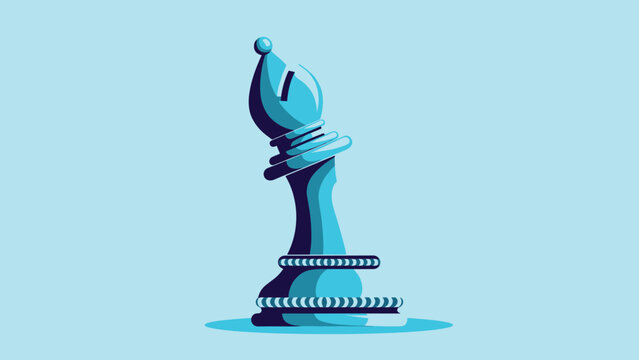 Blue chess bishop piece is illustrated with highlights and shadows against a solid light blue background for game themes.