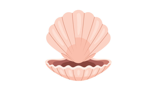 Open pink seashell with a rippled edge and soft shading is shown as a flat vector icon on a clean white background.