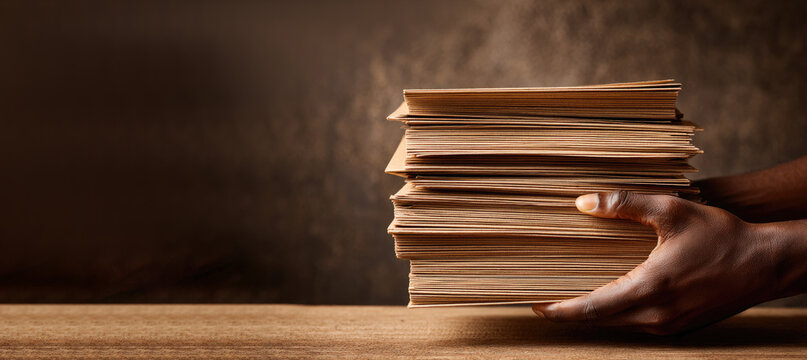 African American hands holding a stack of vintage envelopes or craft paper. Nostalgic correspondence and creative lifestyle.