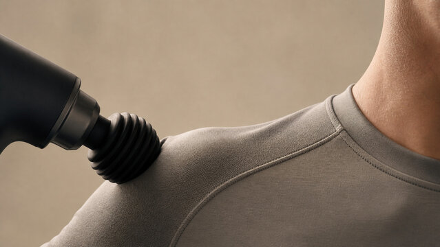 Close-up of Caucasian man with light skin using massage gun on shoulder, grey athletic shirt, soft warm light, copy space, muscle recovery and physiotherapy concept.