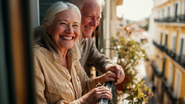 Happy senior Caucasian couple on balcony. They enjoy European city view. Elderly woman smiles joyfully. Man stands closely behind. Yellow buildings on sunny street. Romantic retirement travel moment.
