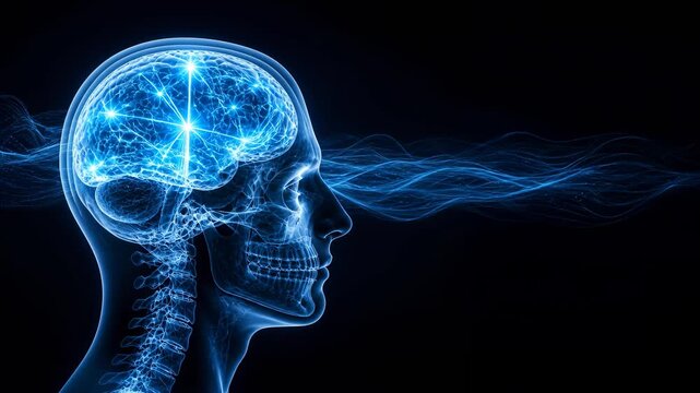 human head x ray with visible neural connections and wave signal, neuroscience concept, brain communication, cognitive function, healthcare technology, copy space.