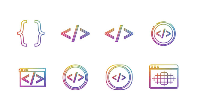 Coding Symbols and Web Development Icons with Rainbow Gradient Effect