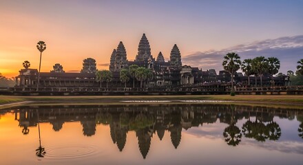 Fototapeta premium Ancient temple reflecting in water during a golden sunrise in Cambodia