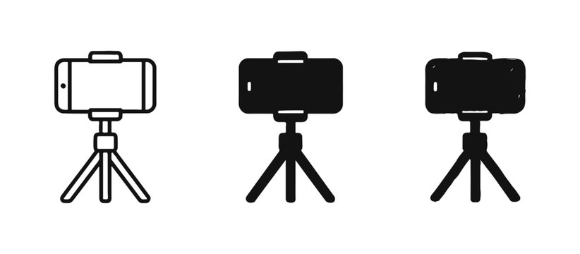 Smartphone on tripod icon set for vlogging and recording in outline, solid, and hand-drawn styles