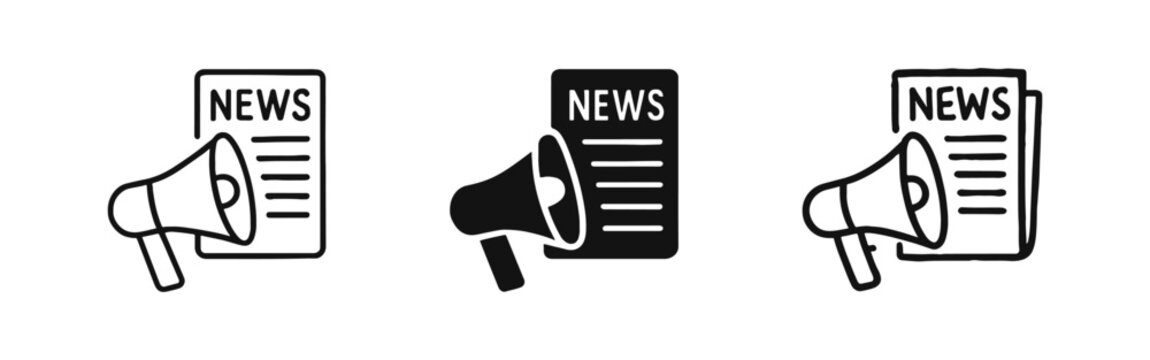 Breaking news icon set with newspaper and megaphone in outline, solid, and sketchy styles