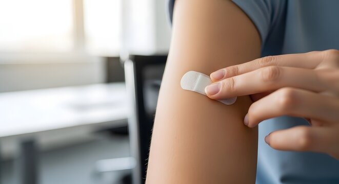 Applying bandage to skin injury showing care and recovery