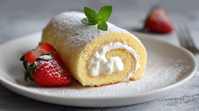 Delicious Swiss roll cake with strawberries and powdered sugar