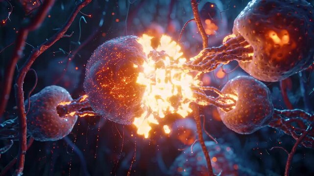 3D medical visualization depicts human immune cells attacking foreign fiber-like structures beneath the skin, ith white blood cells featuring realistic membrane textures surrounding the glowing fibers