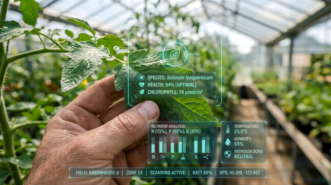 hand holding plant with smart agriculture technology