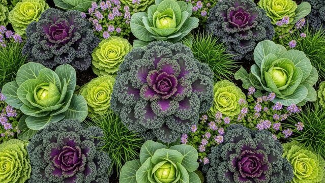 fresh organic purple and green cabbage heads growing in garden soil