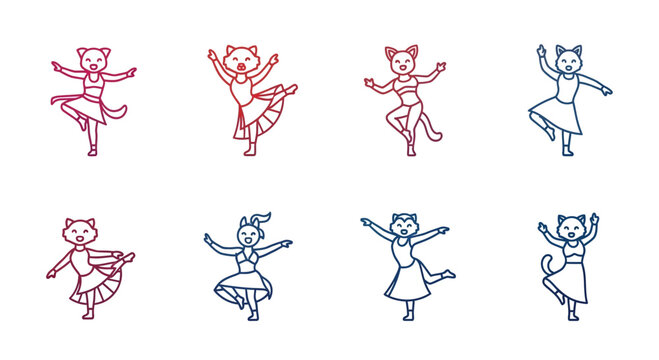 Cute Cat Ballet Dancers Collection: Diverse Poses, Outline Art, Pink and Blue Tones