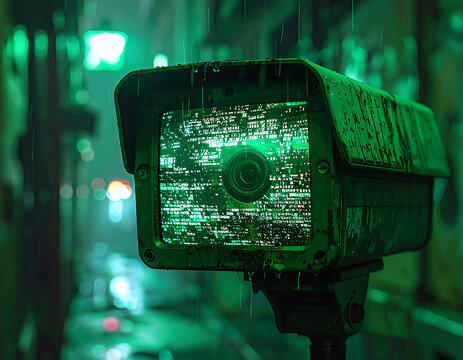 Green Night Vision Security Camera Screen with Static Glitch