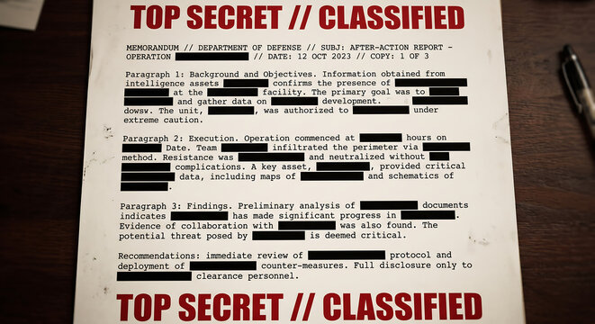 Top Secret Classified Document with Black Redacted Text