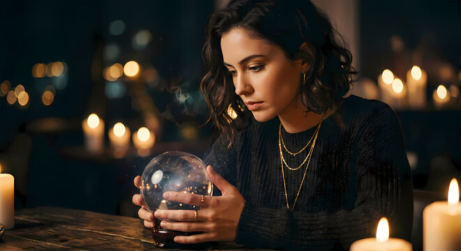 Mysterious Young Woman Fortune Teller Looking into a Glowing Crystal Ball by Candlelight