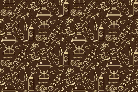 Vector illustration of a seamless pattern with barbecue and picnic elements. Linear design features kettle grills, shashlik skewers, corn, sauce bottles, and vegetables. Professional flat graphic wall