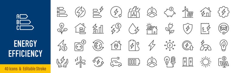 Energy management web icons in line style. Sustainable development, recycling, waste reduction, green energy, climate stability. Vector illustration.