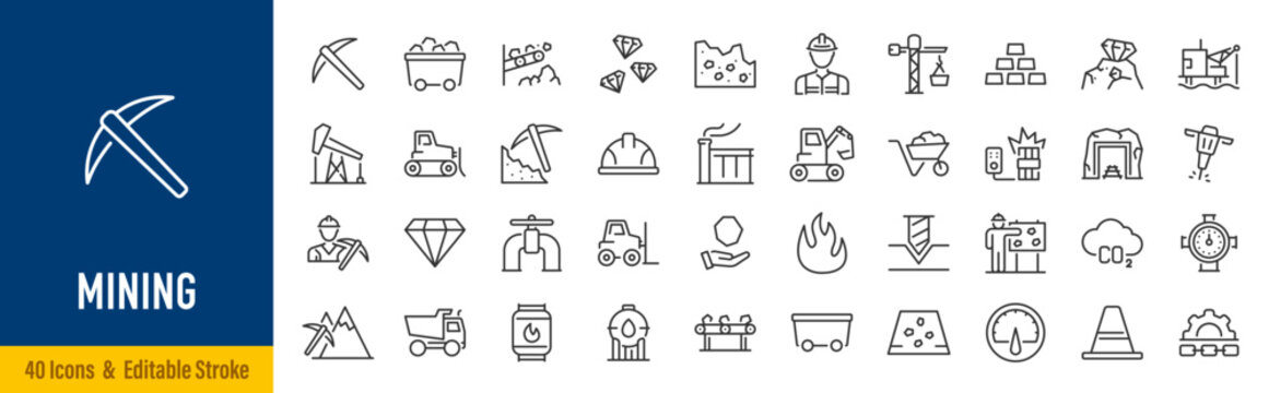 Mining web icons in line style. Diamond, gold, mine, ore, pickaxe, coal wagon. Vector illustration.