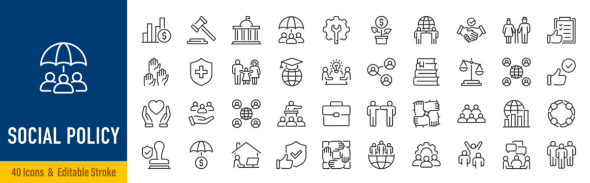 Social Policy web icons in line style. Education, government, welfare, reforms, medicine,  collection. Vector illustration.