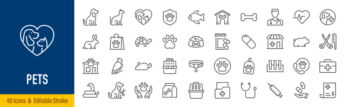 Pets web icons in line style. Dog, cat, rabbit, hamster, bird, bone, pets, vet help. Vector illustration.