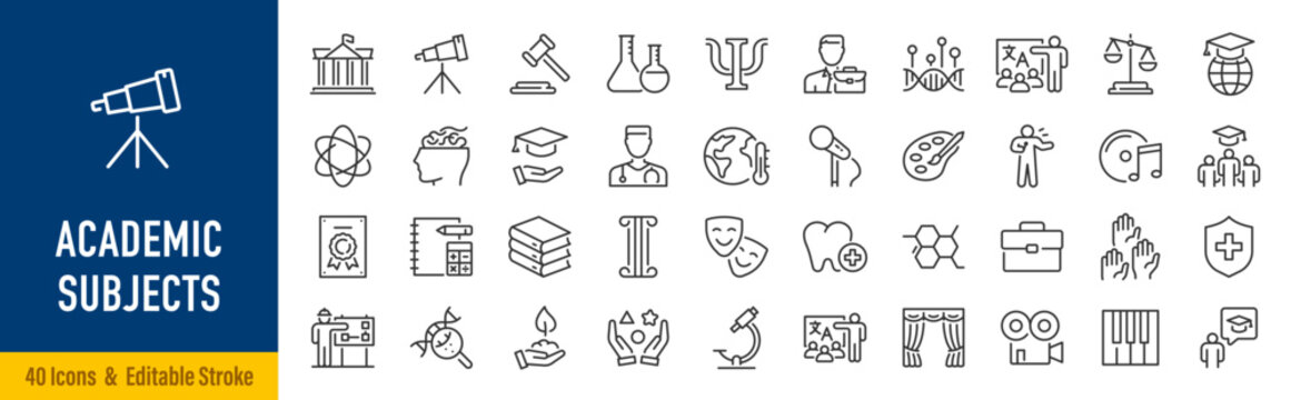 Academic subjects web icons in line style. Science, technology, mathematics, engineering, chemistry, biology, medicine. Vector illustration.
