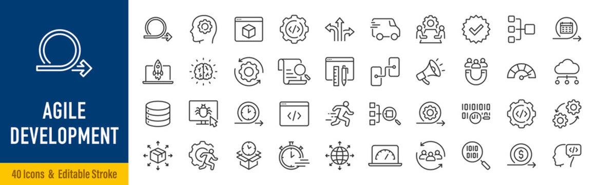 Agile Development web icons in line style. Scrum, requirements, maintenance, testing, software collection. Vector illustration.