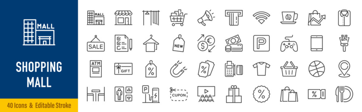 Shopping mall web icons in line style. Store, basket, food court, wish list, cinema, parking, elevator, collection. Vector illustration.