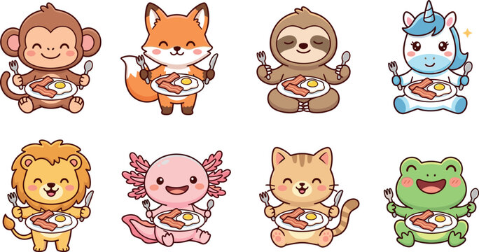 Kawaii cute animals eating breakfast vector illustration set featuring monkey fox sloth unicorn lion axolotl cat frog for kids menu stickers children minimal cartoon design collection.