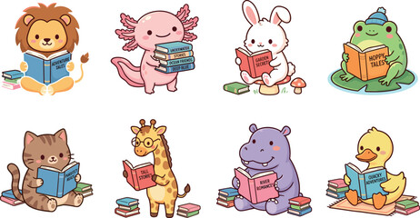 Kawaii cute animals reading books vector illustration set featuring lion axolotl rabbit frog cat giraffe hippo duck for education library children minimal cartoon design collection.