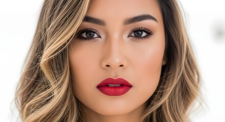 Fototapeta premium Beautiful attractive woman with blonde hair and red lipstick