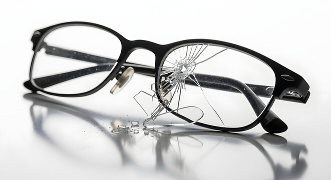 Broken eyeglasses on white surface, representing failure and crisis
