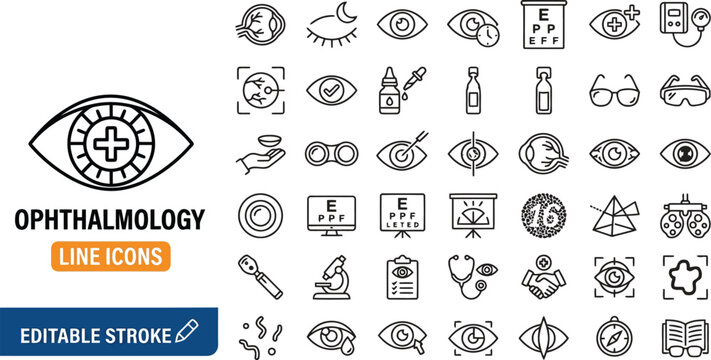Ophthalmology Line Icon Set with Eye Care Vision Testing Medical Optometry and Eye Health Editable Vector Collection