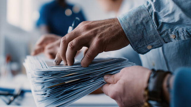 Envelope stack in hands, person sorting mail with focused gesture and casual shirt, everyday postal correspondence and organization