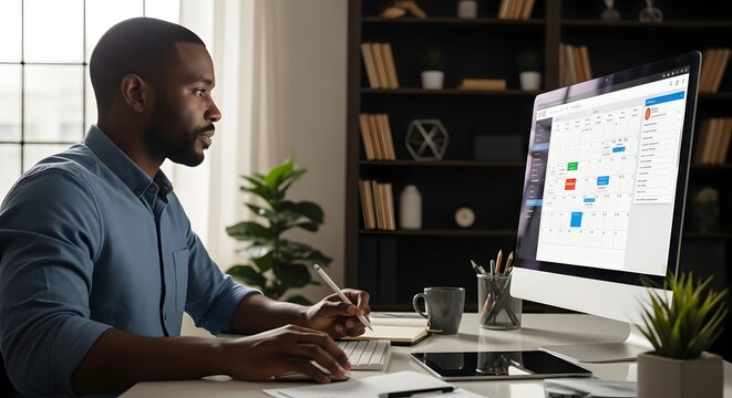 Black man working on spreadsheet data at modern office desk