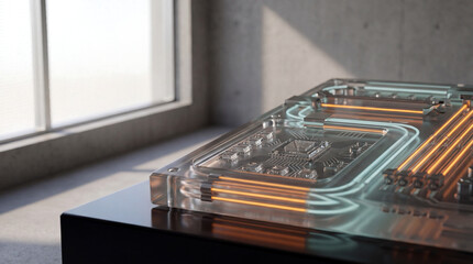 Fototapeta premium Futuristic transparent glass circuit board with glowing orange lights