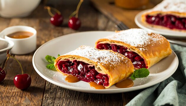 Delicious Cherry Strudel with Powdered Sugar.
