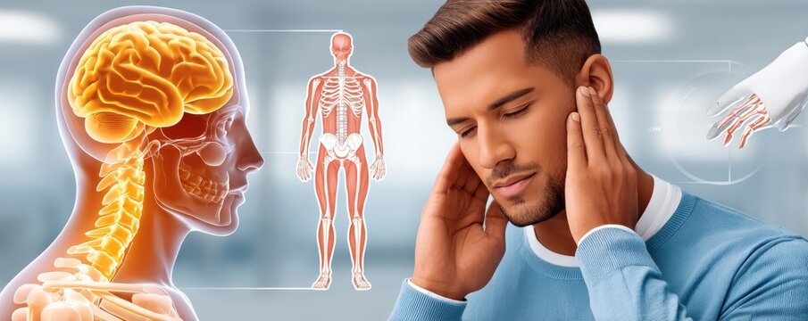 Man holding his head and ears with brain anatomy overlay suggesting headache, ear pain and neurology evaluation