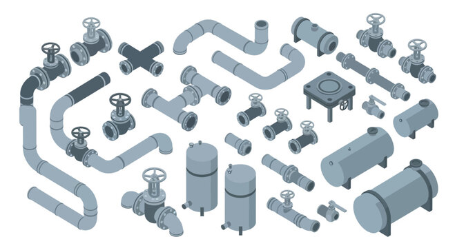 Isometric Illustration of Various Industrial Pipes and Valves.