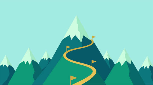 Stylized mountain landscape with winding path and flags, representing success and goals