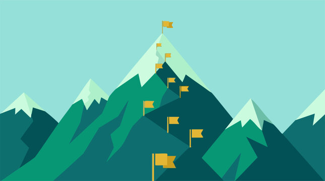 Minimalist illustration of a path marked by flags leading to a mountain summit