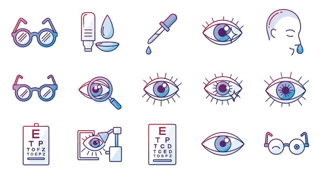 Ophthalmology Icons: Eye Care, Vision Test, Glasses, Drops, Contact Lenses