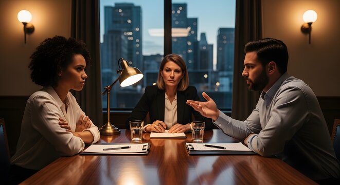 Business meeting discussion among diverse colleagues in modern office