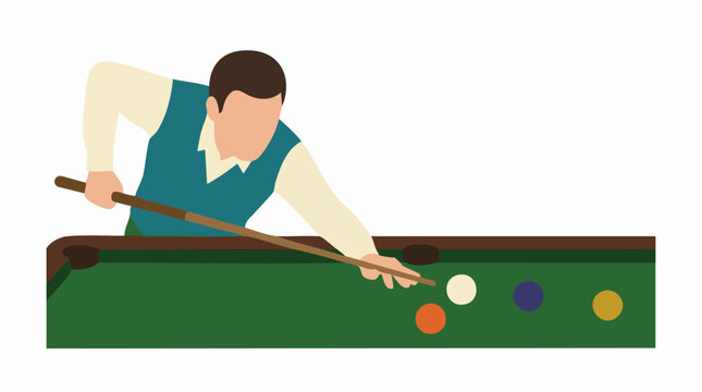 Man playing pool on a green table with a cue stick and colorful balls