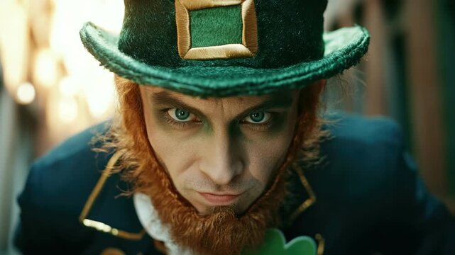 Close-up of actor dressed as Irish character with green hat and beard.