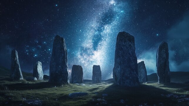 The Milky Way illuminating an ancient stone circle, creating a mystical atmosphere