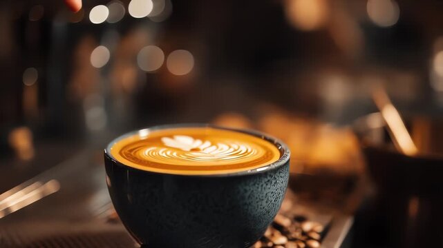 Barista Creating Detailed Latte Art in a Warm Coffee Shop