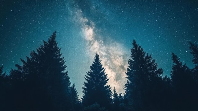 The Milky Way rising above a dense forest, with tall trees silhouetted against the sky