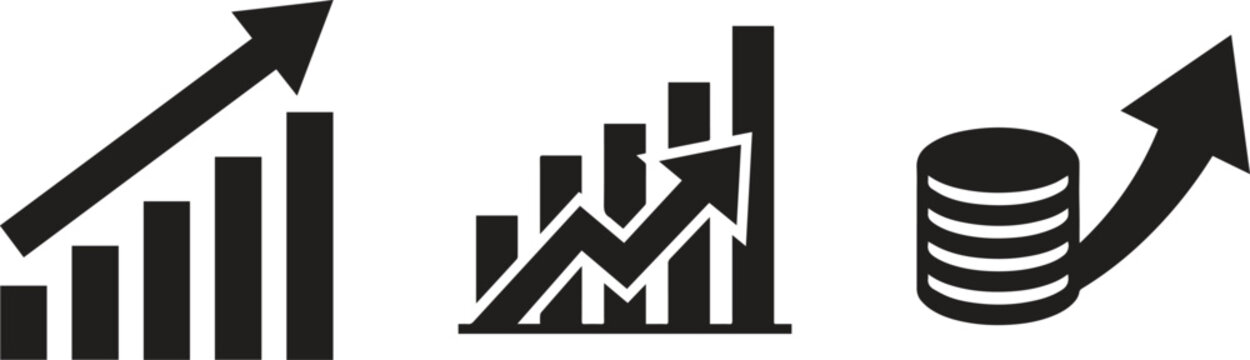 Business growth, finance, and statistics icons, bar chart, graph, and coin stack with arrows